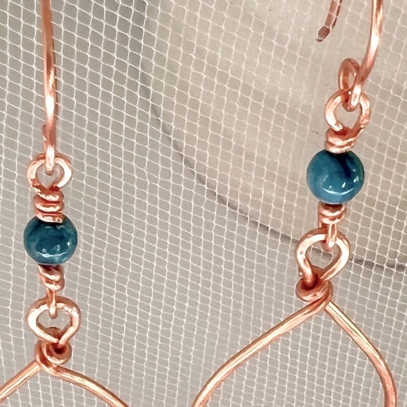 Hammered Copper Wire Wrap Earrings with Blue River Shell Beads - Picture 3 of 12